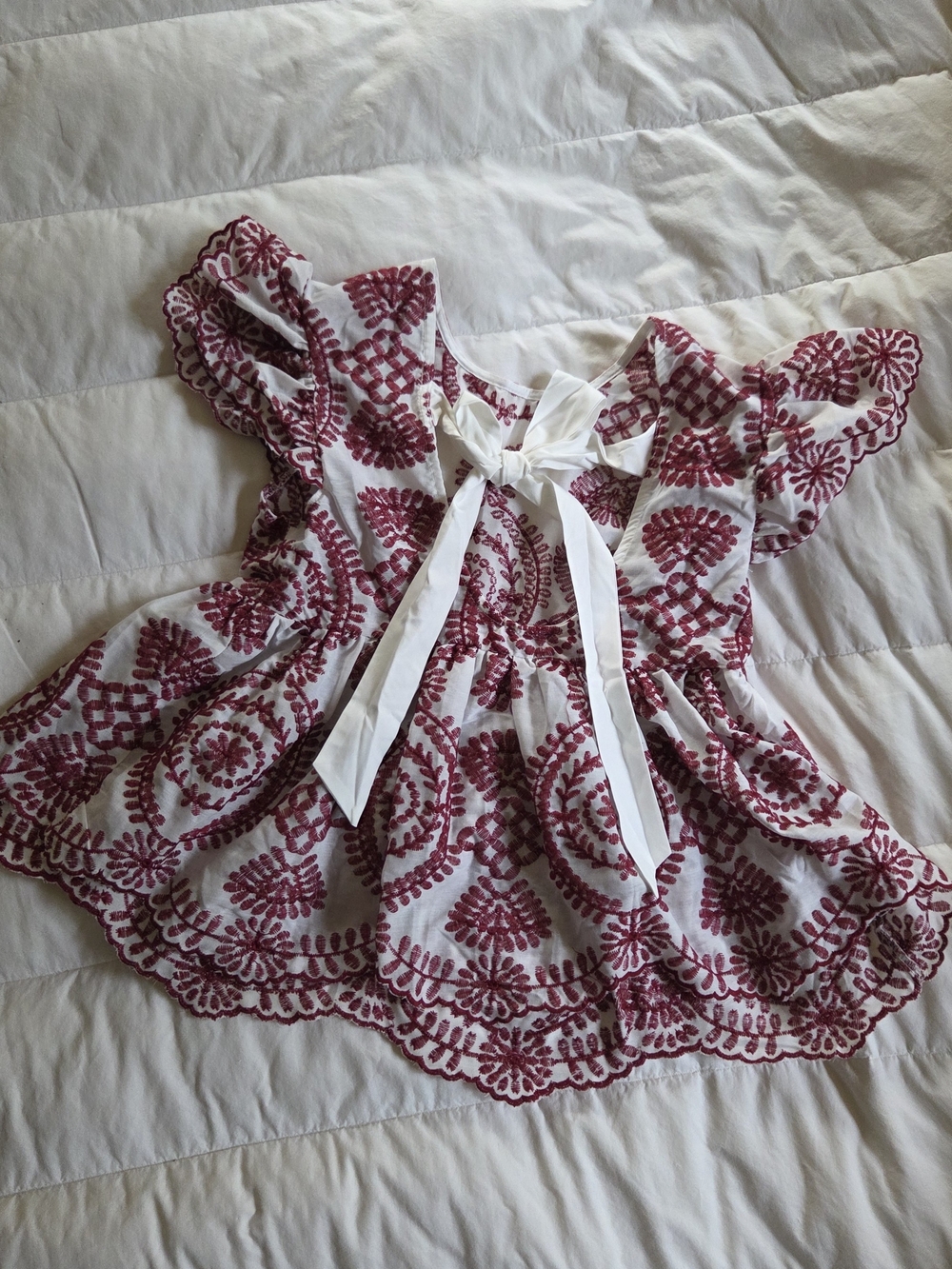 Shein 4th Of July Flutter Sleeve Top with Red Bohemian Embroidery And White Bow